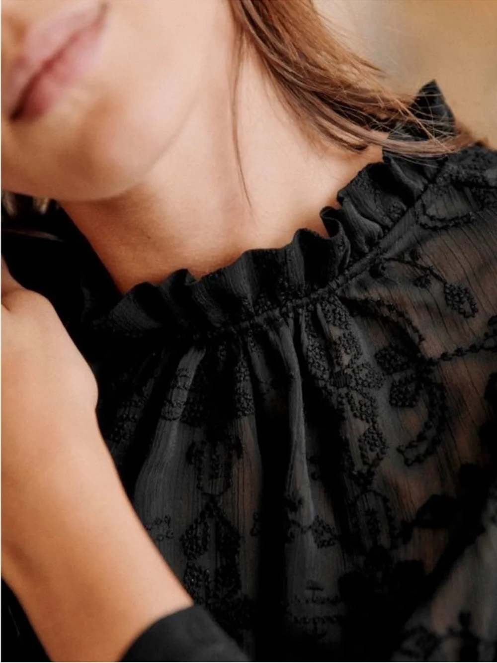 SEZANE Black Sheer Floral Embroidered Ruffle High Neck Valentine Blouse Top - Picture 7 of 14